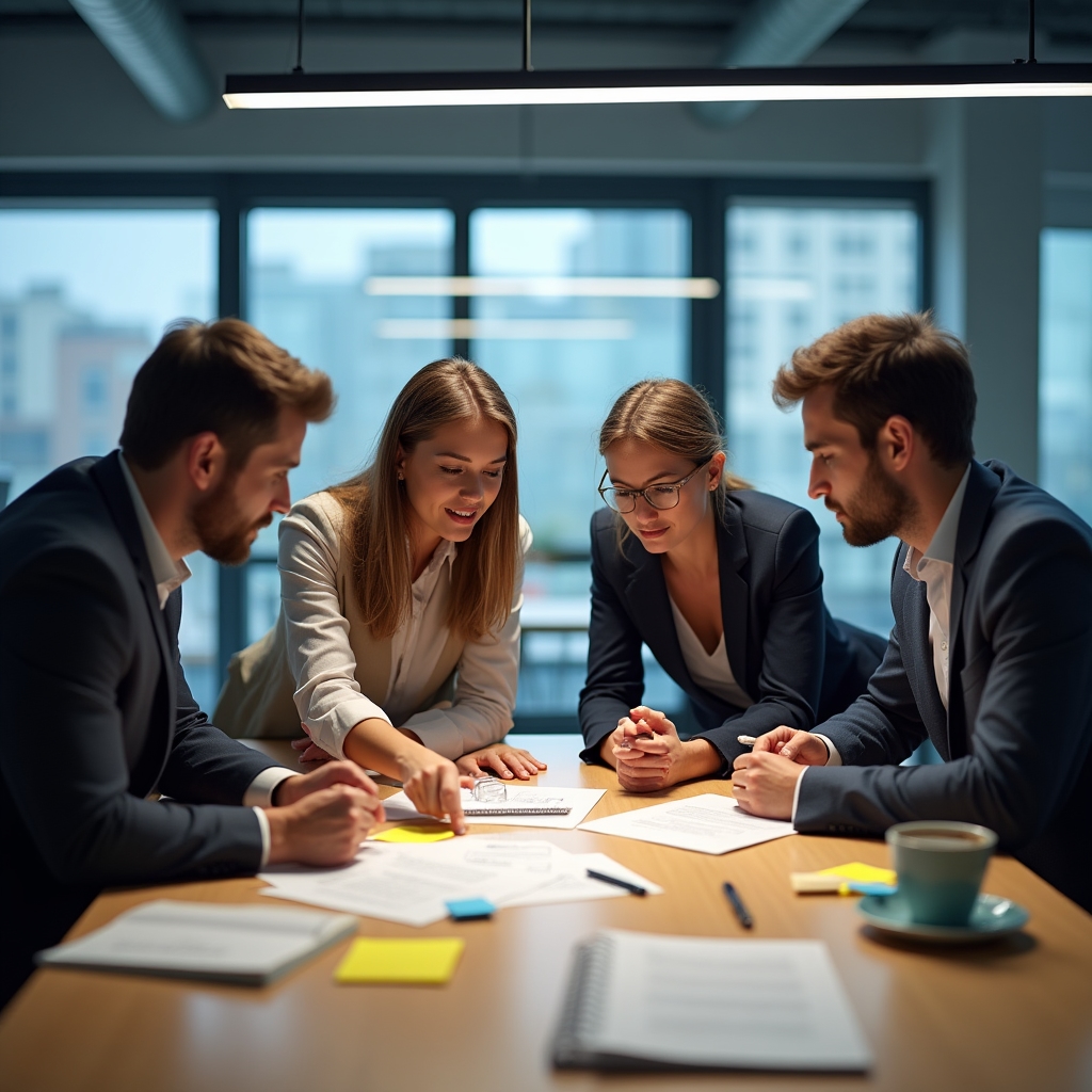 Equipo de formadores analizando casos de comunicación organizativa en una mesa de trabajo