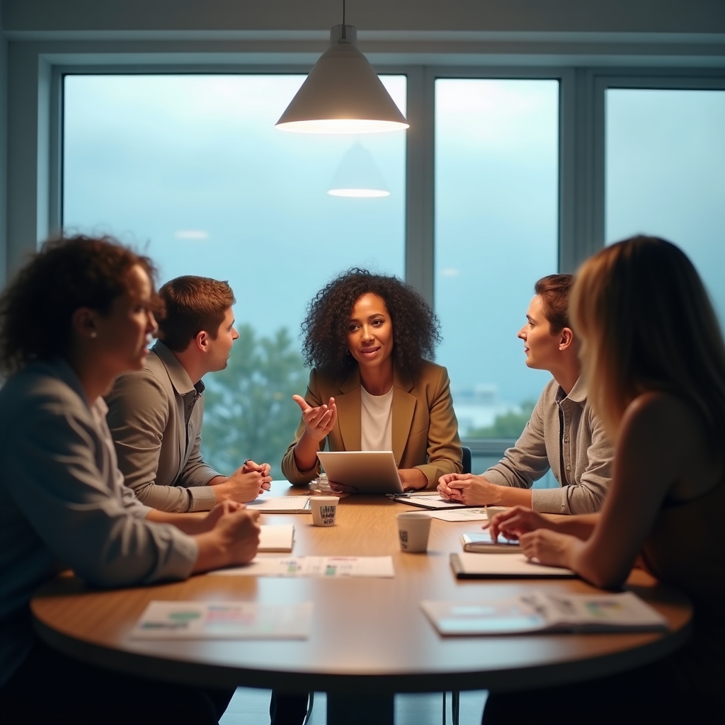 Grupo reducido de participantes trabajando alrededor de una mesa redonda durante el curso